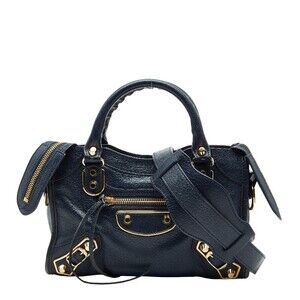 Balenciaga Metallic City Handbag Shoulder Bag Navy Blue Leather